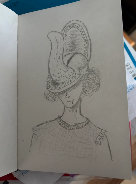 Sketch of ostensibly a person bearing a fanged grin and wearing a ripped net tank top. On their head of curly hair emerges a huge cat’s eye the size of the cap of a baseball cap. Where the visor of a baseball cap would be, there is a toothy jaw and a long tongue. Emerging from the back other side of the eye is another toothy jaw, such that the eye is inside the mouth