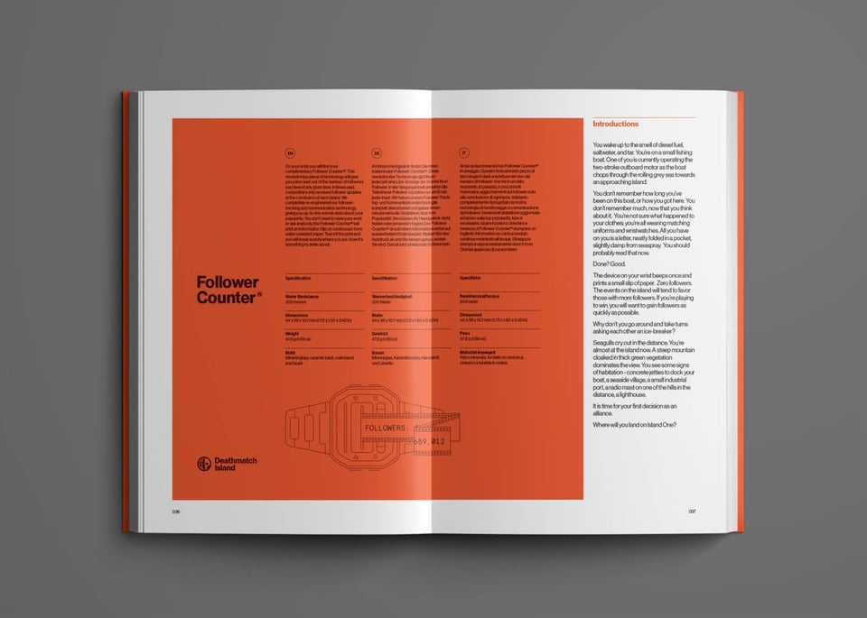 A double plage spread out of Deathmatch Island that shows off its sleek design and bright orange and white contrasts. Below columns of text is a diegetic diagram of a watch-like gizmo that prints out a strip of paper with numbers. The heading reads: Follower Counter.