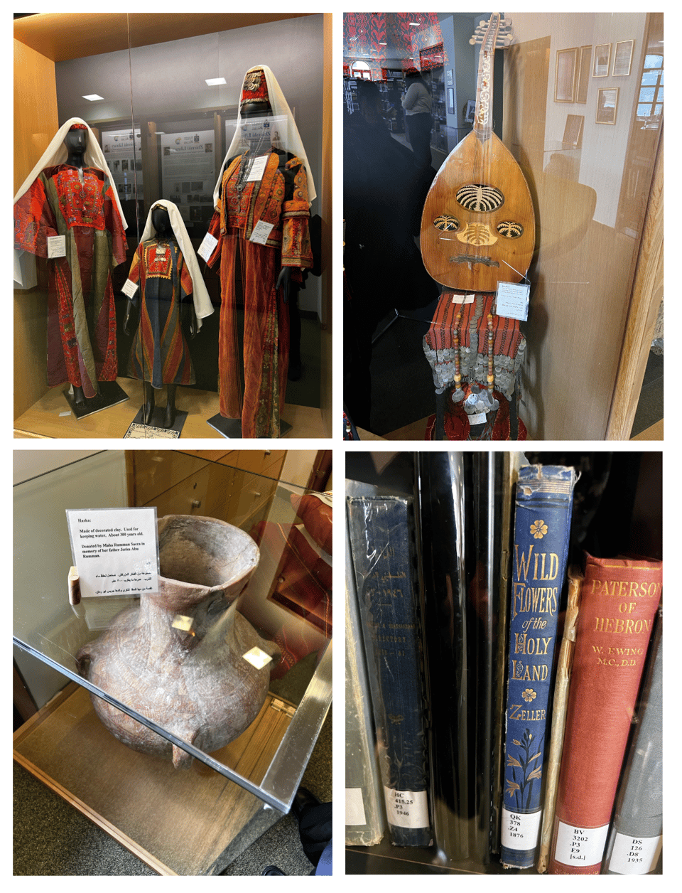 Four images, from top left: three traditional Palestinian dresses with tatreez embroidery on mannequins; a musical instrument; a large piece of pottery; old books including one with the title Wild Flowers of the Holy Land.