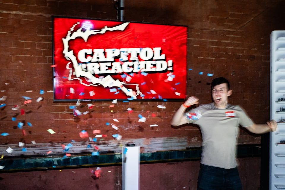 A player celebrates his team fighting back police and breaching the Capitol. Peter van Agtmael/Magnum Photos for The Washington Post