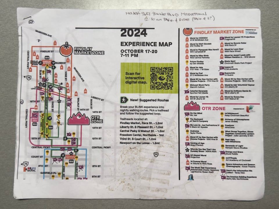 Photo of printed PDF that's a map of the different zones Blink is divided into