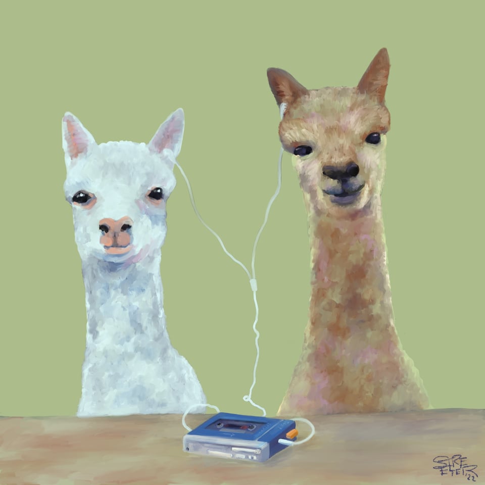 Color illustration of two alpacas sharing earbuds to listen to a vintage cassette walkman