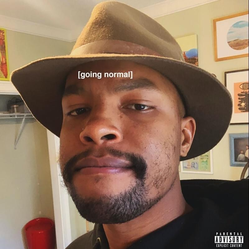 Album cover for Matt Martian's Going Normal: a black man with a mustache and beard is wearing a brown fedora. He looks to the camera, as if taking a selfie, with a background of a room with a closet and multiple framed photos. Small white text appears in front of his forehead, it says "going normal" with brackets, in a white sans serif font.