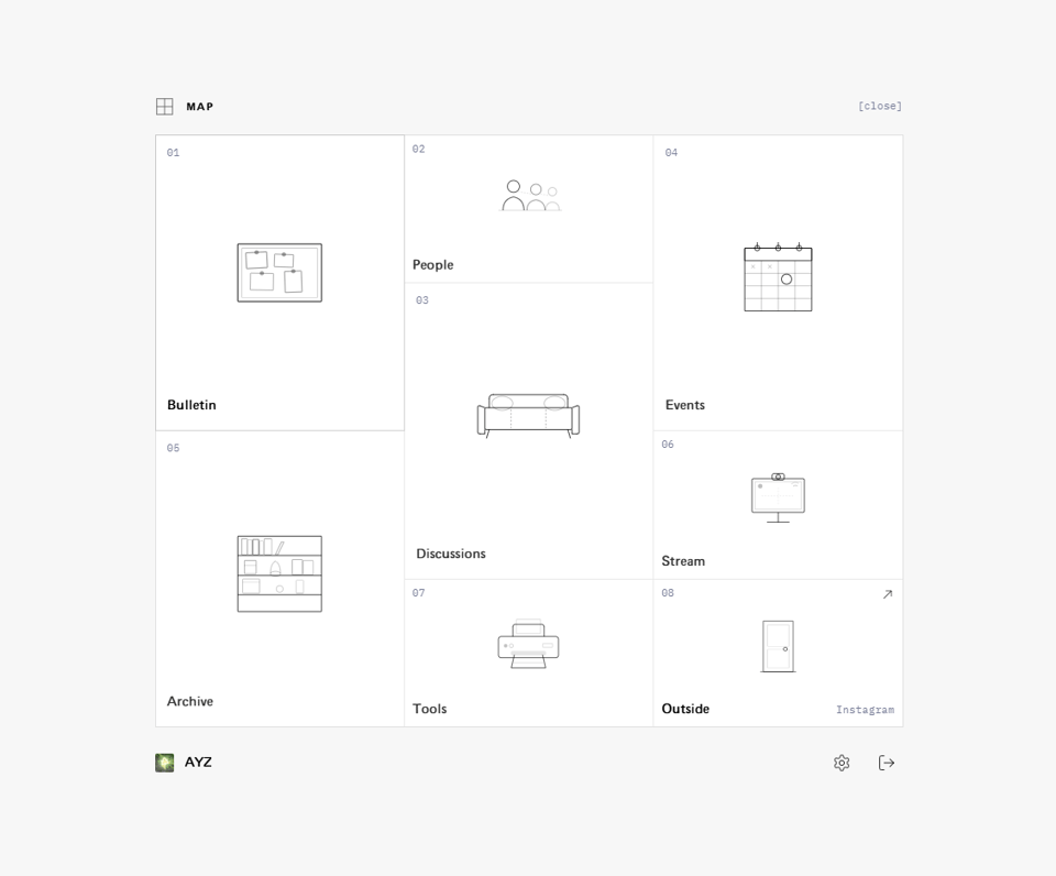 A black and white grid shows options like Bulletin, People, Archive, Events, each with their own illustration.