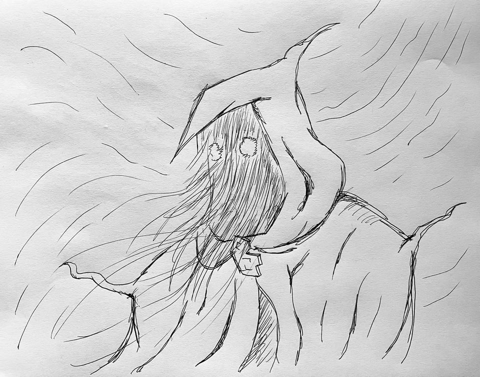 A rough sketch of a mysterious figure in a cloak and hood. Circular eyes glow and dark lines swirl out of the hood