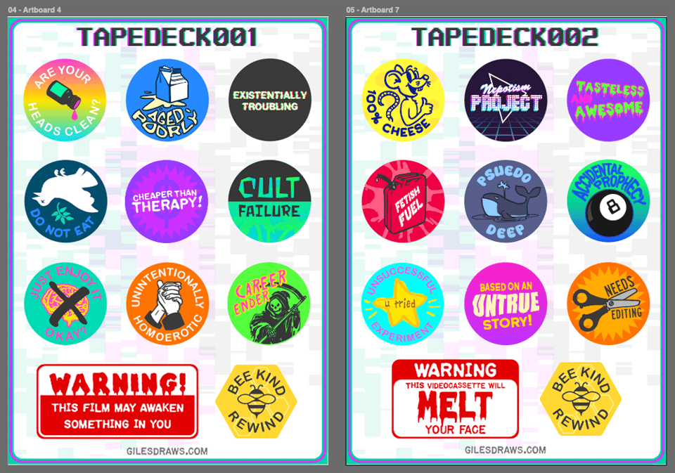 VHS rental sticker inspired designs.