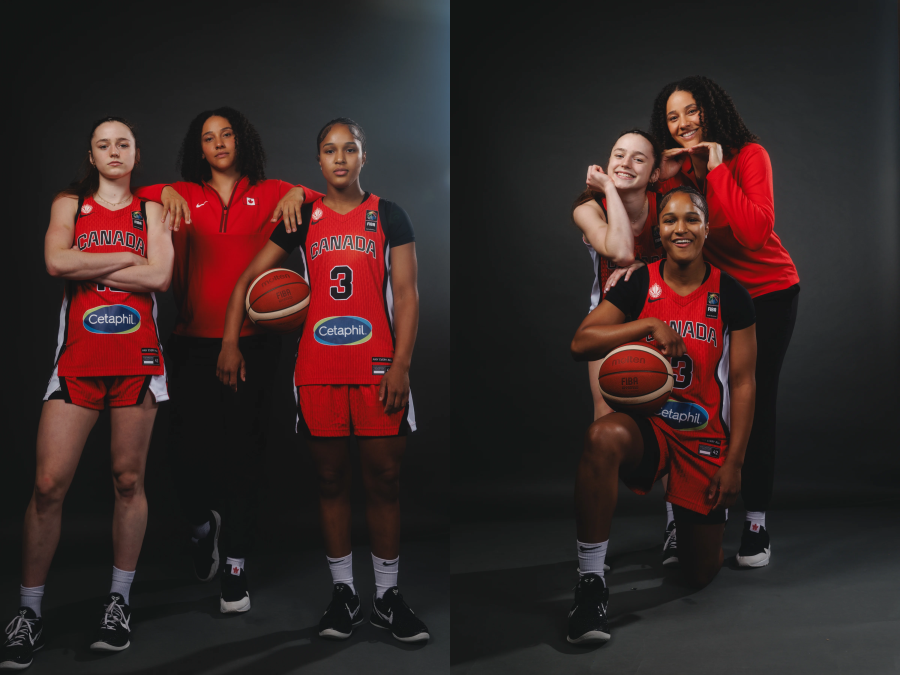 Split shots with two photos of Syla Swords, Natalie Achonwa, and Mila Holloway. On the left, they're trying to look tough. On the right, they're successfully looking goofy.