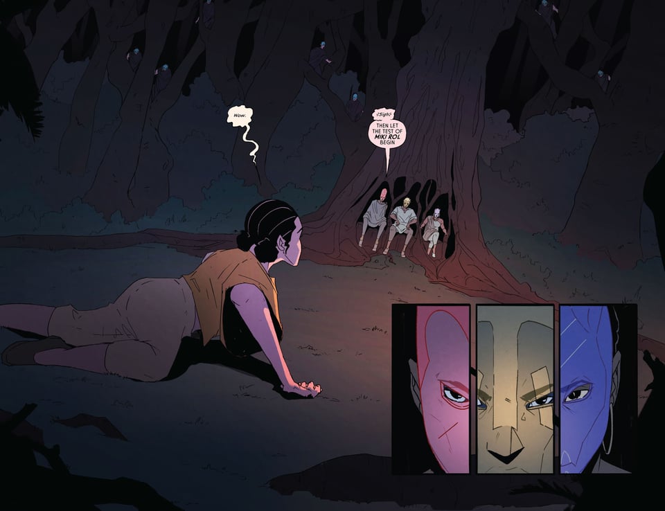 Features a young woman knelt before 3 people sitting in the roots of a tree. Each of the three are wearing glowing masks.