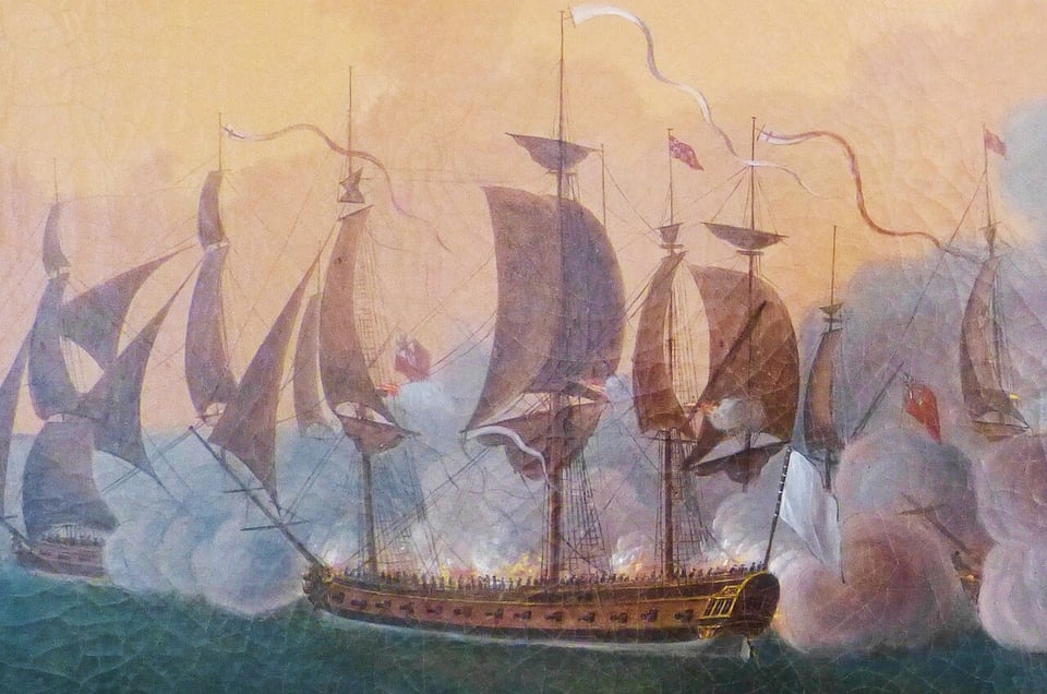 Pastel coloured painting of a 3-mast 18th century French warship surrounded by gunsmoke,