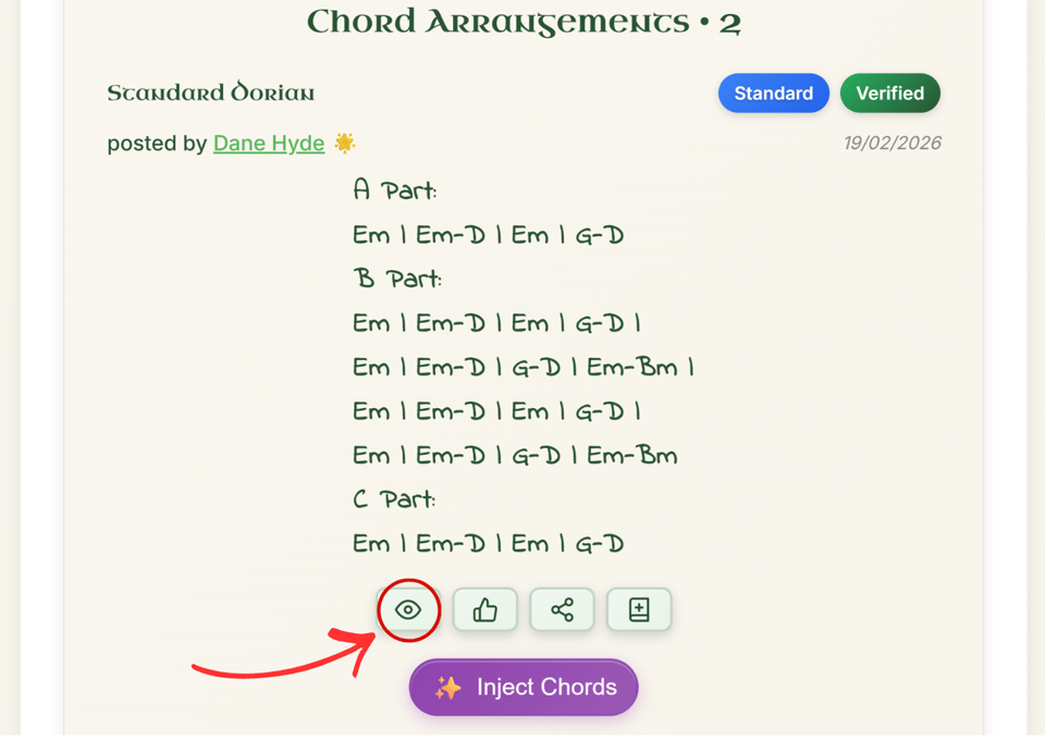 An image pointing out the button with an eye symbol on it to open chord arrangements.
