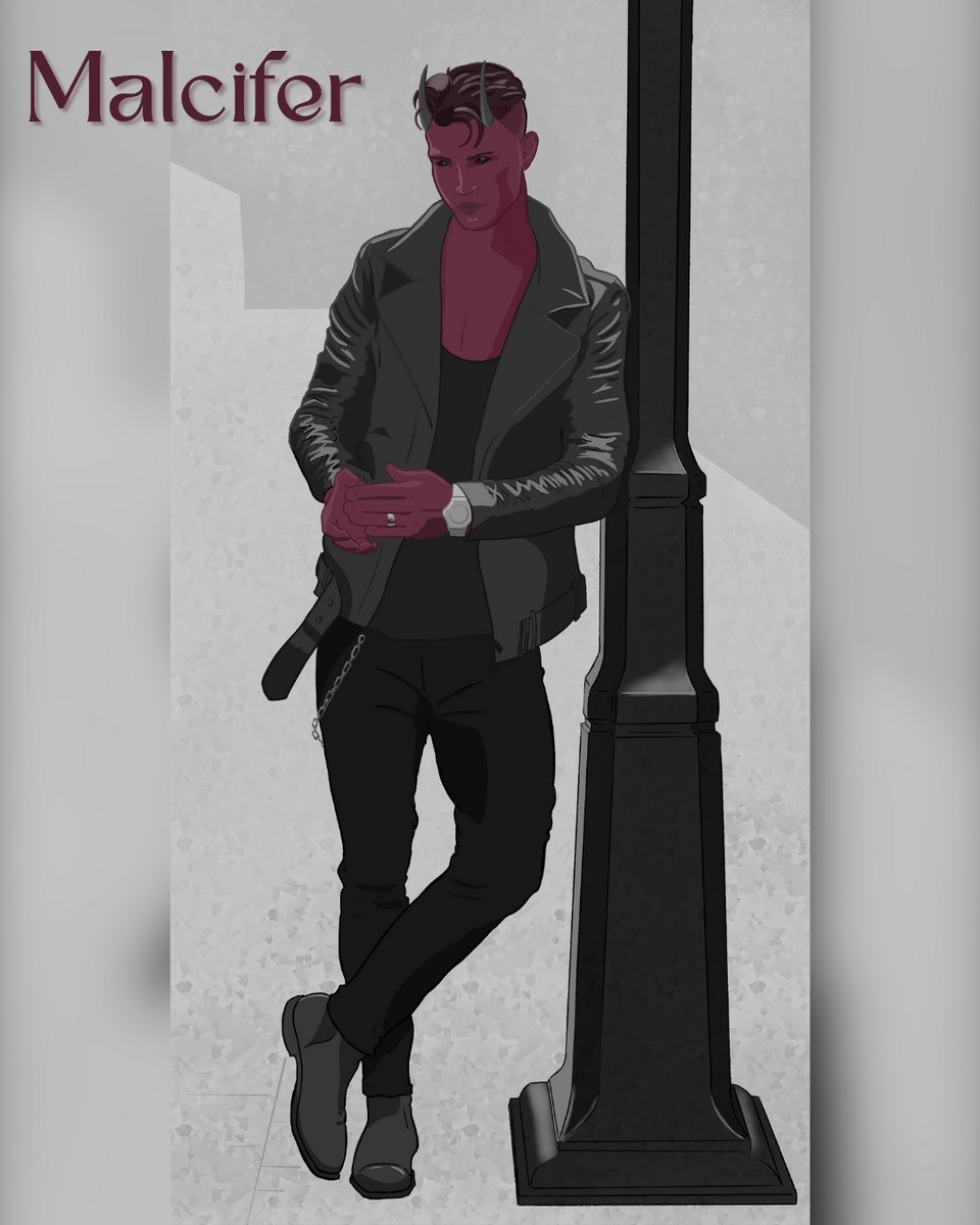 Malcifer leans against a lamp post. He has burgundy skin, red eyes with black sclera, mid-length straight horns, and dark hair cut short on the sides and longer on top. He wears a leather jacket over a black low-cut shirt, black jeans, and black chelsea boots.