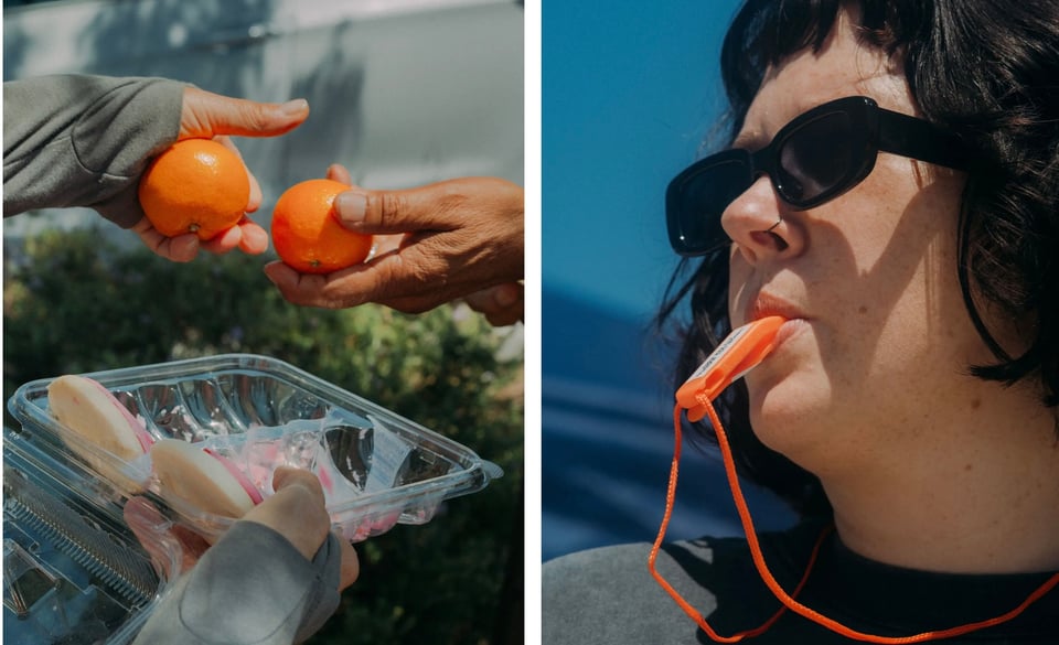 (Left)Passing out tangerines and cookies to day laborers in Pasadena.(Right) A woman in sunglasses holds an orange whistle between her lips.Ready to warn of ICE sightings.