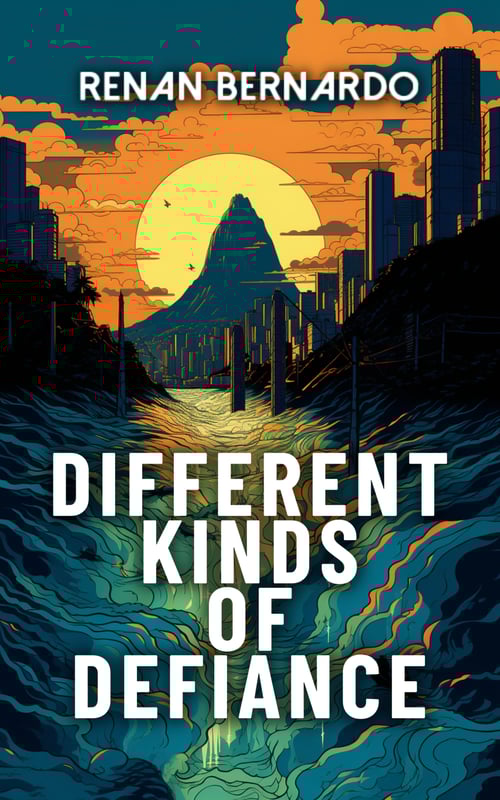 Colorful images of Rio de Janeiro surrounded by rising seas, a low sun, and a mountain