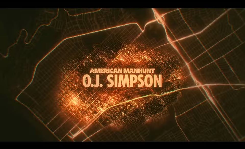 An overhead image of a city at night, with the words AMERICAN MANHUNT OJ SIMPSON on top