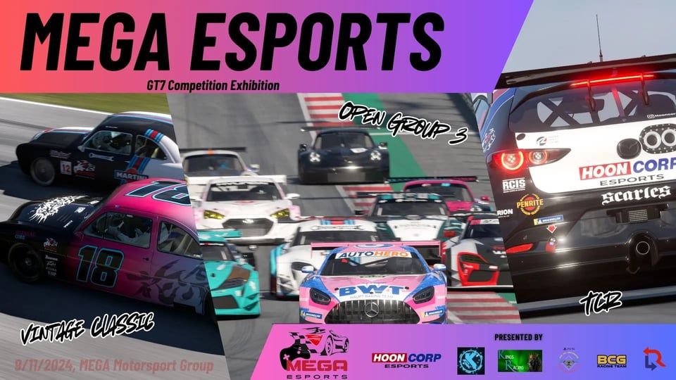 Mega Esports poster feature the three race categories