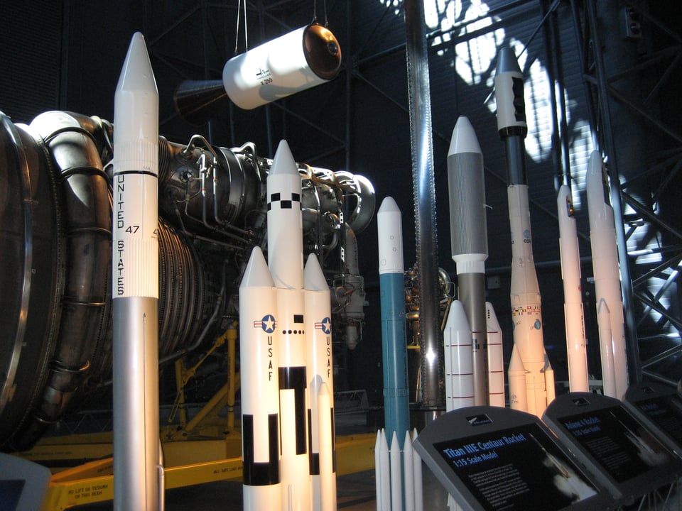 An array of rockets, some single, some with boosters.
