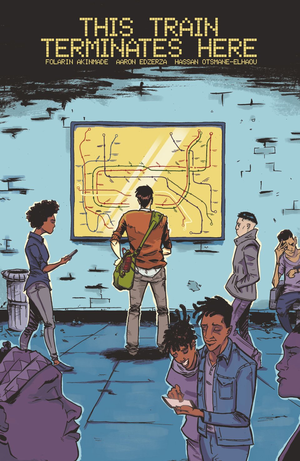 The front cover of the comic book 'This Train Terminates Here'. It's a scene of a busy train station, with a white man standing with his back to us, and a bomb spilling out of his bag.