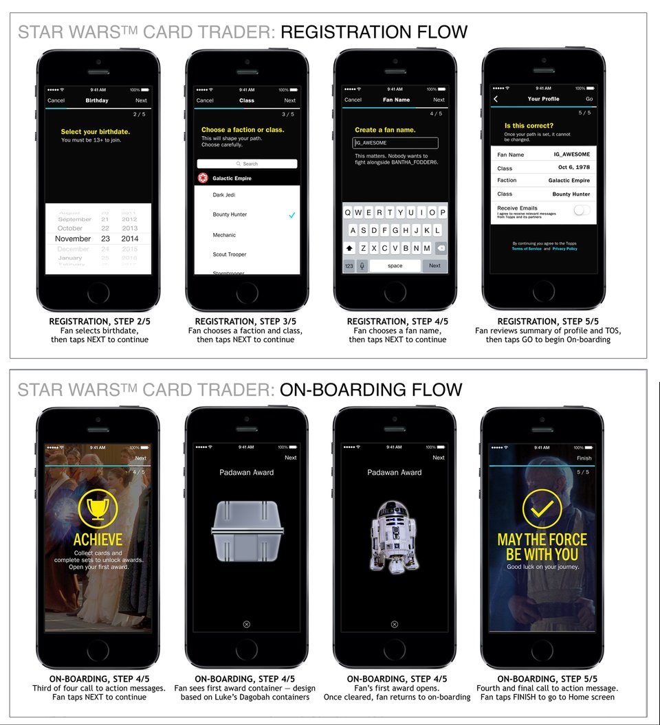 eight screens from the star wars card trader collecting app by topps displaying the on boarding and registration flows for users to sign up for the app and directions for each step