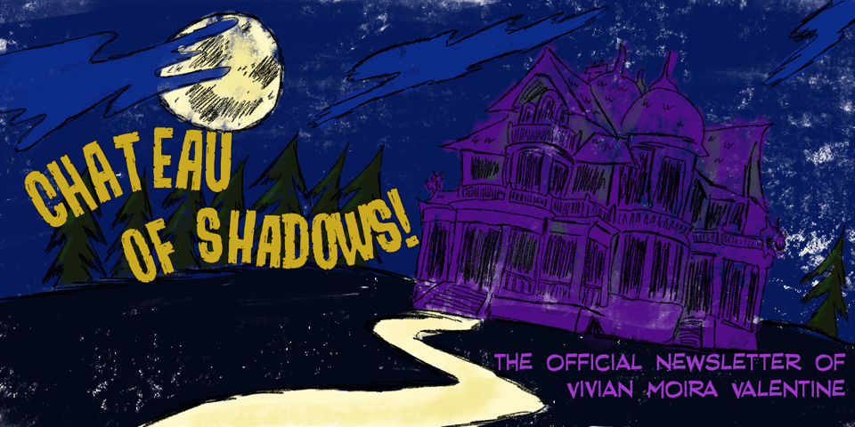 The header image for Chateau of Shadows, depicting a purple gothic manor on a dark hill
