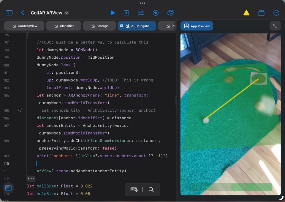 A screenshot of Swift Playgrounds running on an iPad, real time previewing an AR app