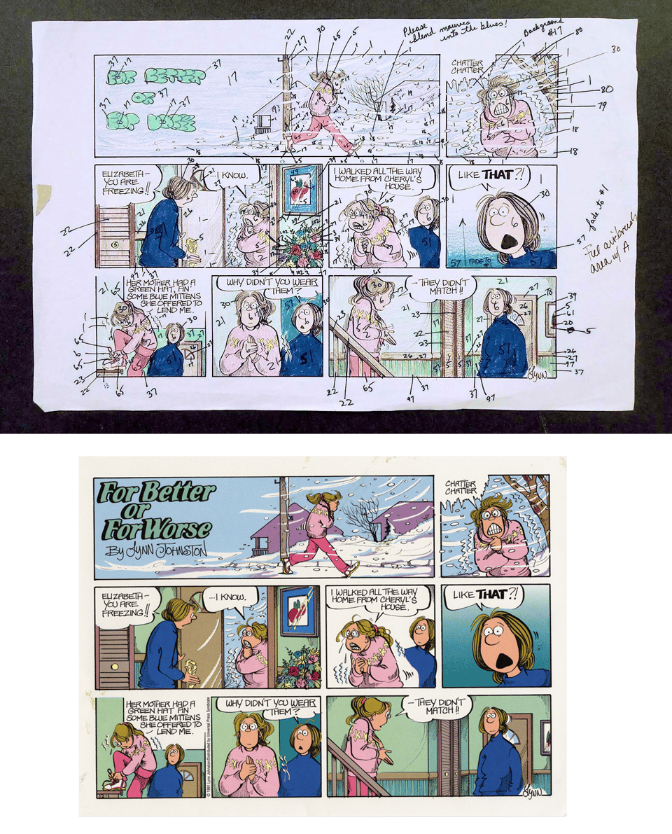 Lynn Johnston’s color guide for an installment of “For Better or For Worse” (top) and the color proof, including color transitions (bottom)