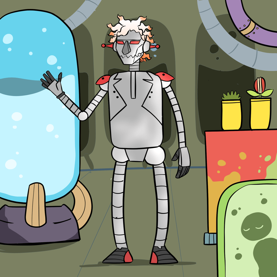 Zargoid 5 is standing in his laboratory. He looks a lot like a robot version of Dr Splatterjacket.