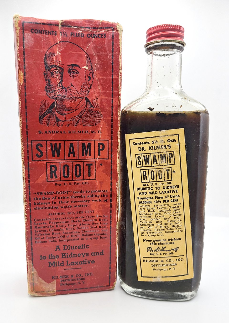 Swamp Root, a diuretic to the kidneys and mild laxative. A red box and a bottle with a yellow label.