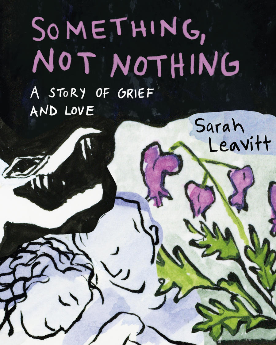 A collage of rough sketches, including a bleeding heart flower (purple and green), two smiling women leaning their heads together, and a wide-mouthed crocodie. title in purple against black at the top