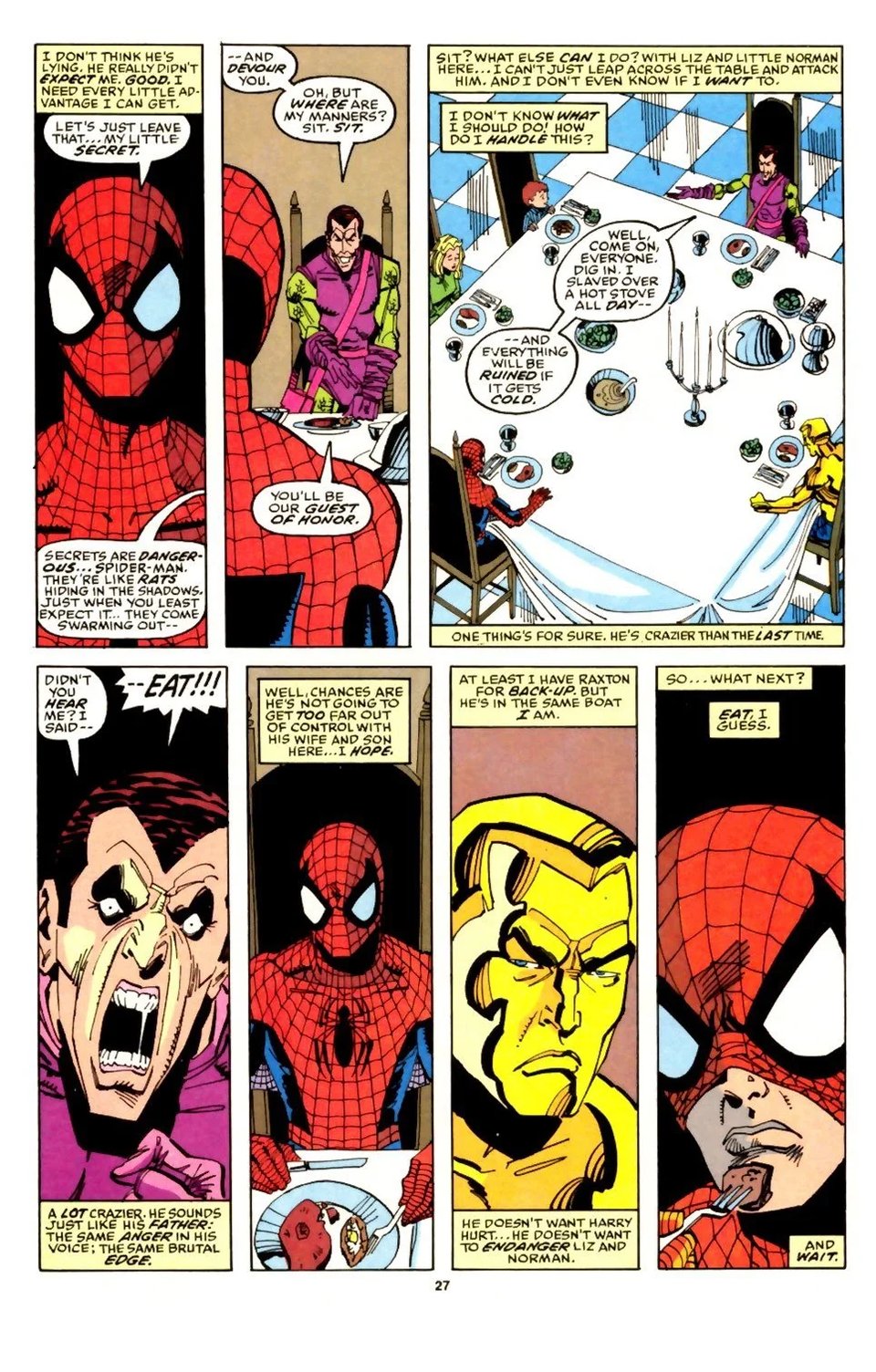 A page from SPECTACULAR SPIDER-MAN featuring Spider-Man, Harry Osborn as the Green Goblin, the Molten Man, and Liz and Normie Osborn, sitting at a large table and having a very tense dinner.