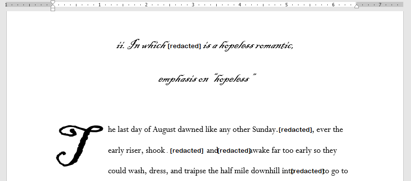 screenshot of the first page of the second chapter of the current WIP, with names redacted, showing a chapter heading in Blackadder reading