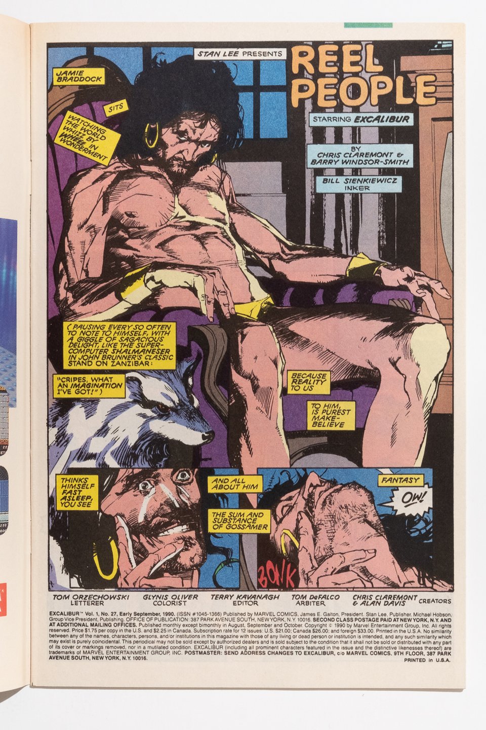 a page from Excalibur by BWS and Bill Sienkiewicz. Jamie Braddock is sitting mostly nude staring at the reader.