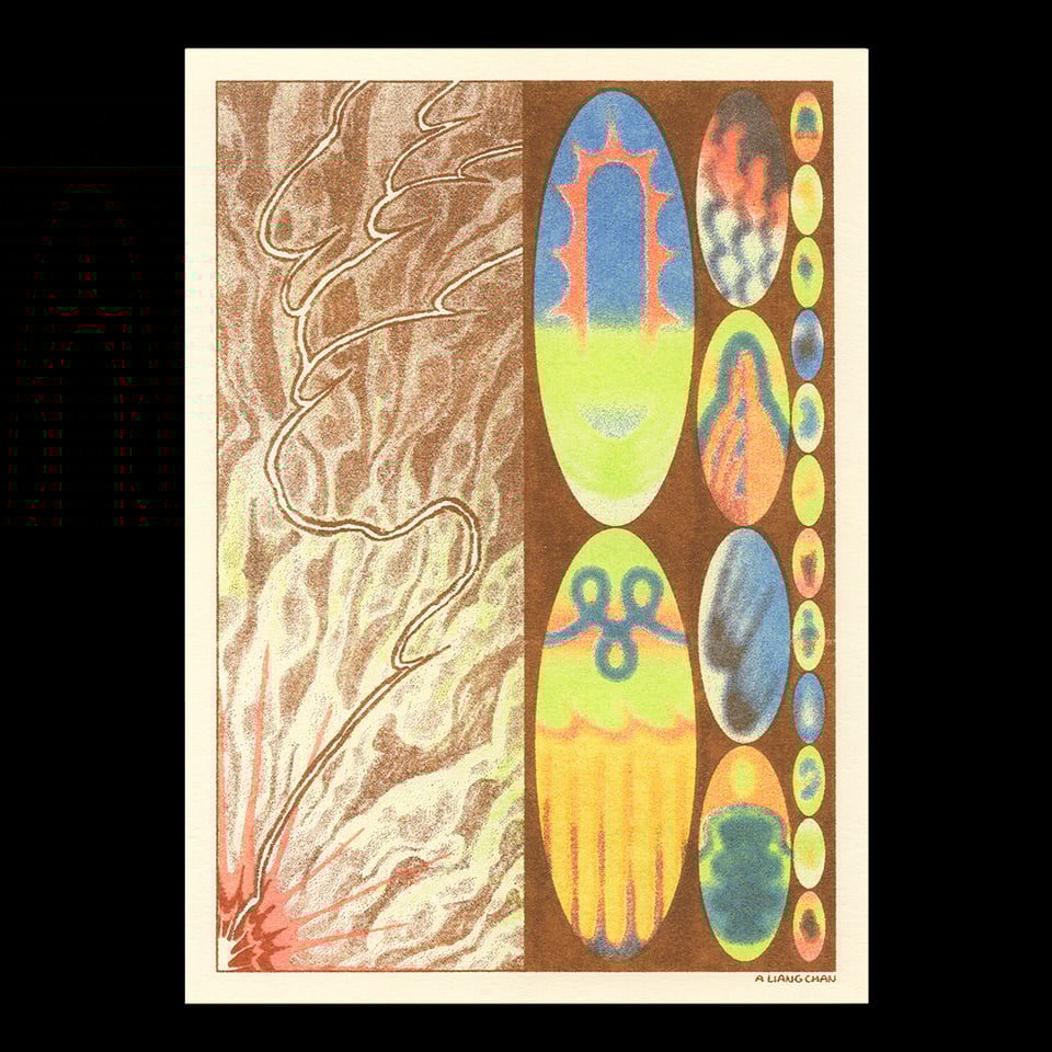 a risograph print: on the left in golden-brown ink, lightning strikes amidst billowing clouds. on the right, oval frames contain a kaleidoscope of colorful, abstract glimpses in soft blurs.