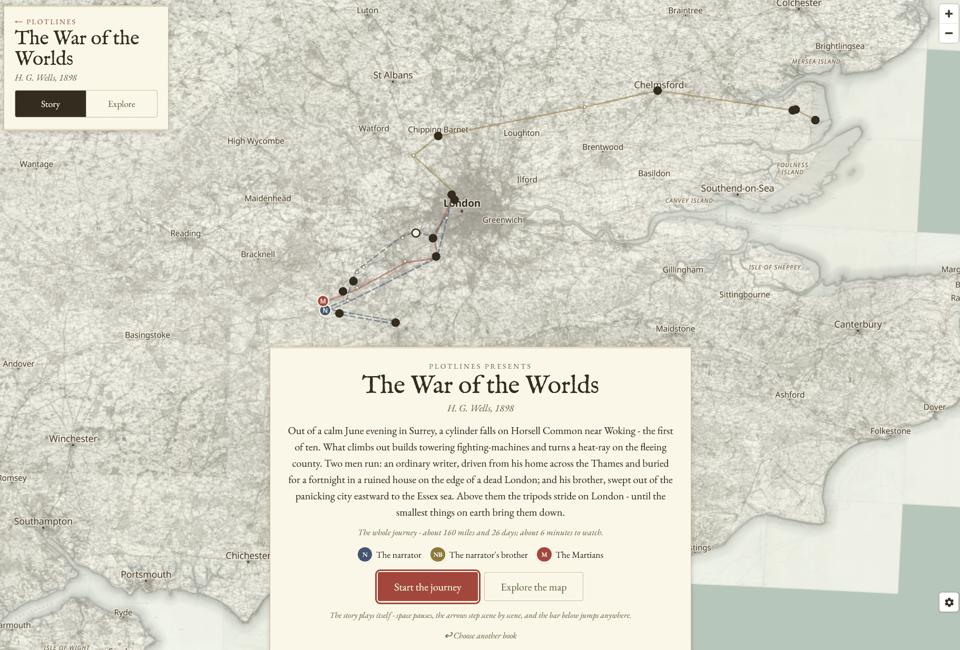 A screenshot of an old fashioned map that shows a close up of Britain with London in the center, and a jagged pathway connecting several dots through London and out to the coast to the east. The title shows that it is a map of the novel “the War of the Worlds”, and below it it shows a description Of the events depicted on the map — it begins “out of a calm June evening in Surrey, a cylinder falls on Horsell Common near Woking"