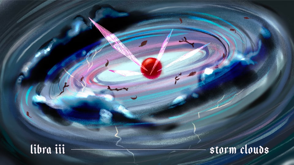 A red sphere in the centre of blue and white storm clouds and lightning surrounded by crystals.