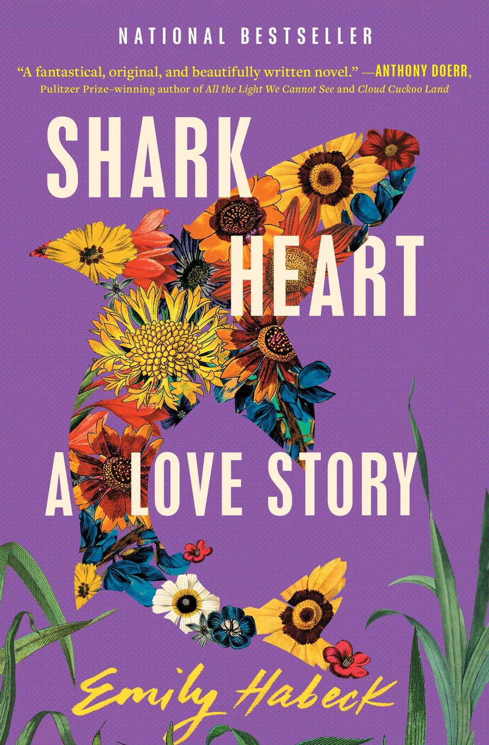 The cover of Shark Heart: A Love Story by Emily Habeck. The shark graphic in the middle is an outline of a shark filled with flowers. The background is purple and grass peeks up over the bottom edge.