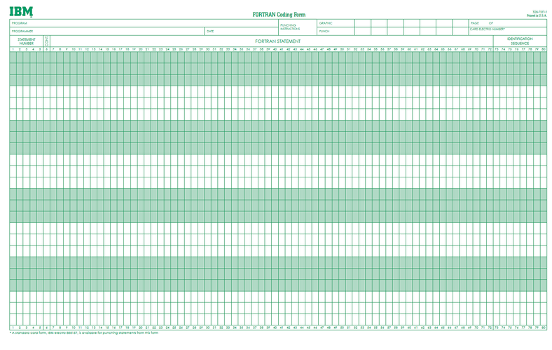 a green and white fortran coding form with IBM branding