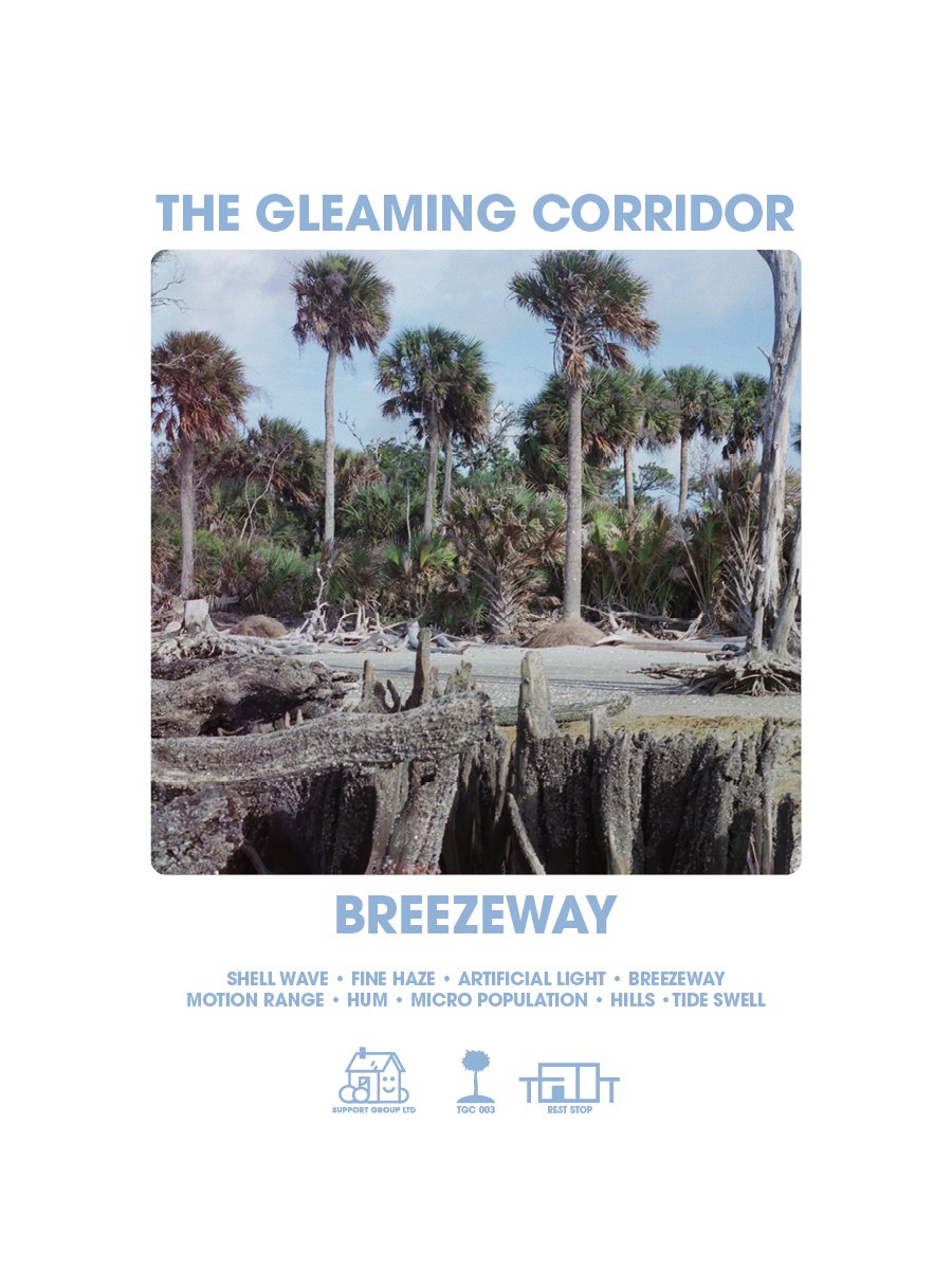 cassette tape cover art for The Gleaming Corridor's Breezeway. In the middle is a square photo of a beach. There's driftwood in the foreground, and behind is a sandy stretch dotted with palm trees and shrubs. The sky is semi-overcast. Around the photo is text spelling the band, album title, and tracklist. Underneath that is a collection of record label logos and catalog info.