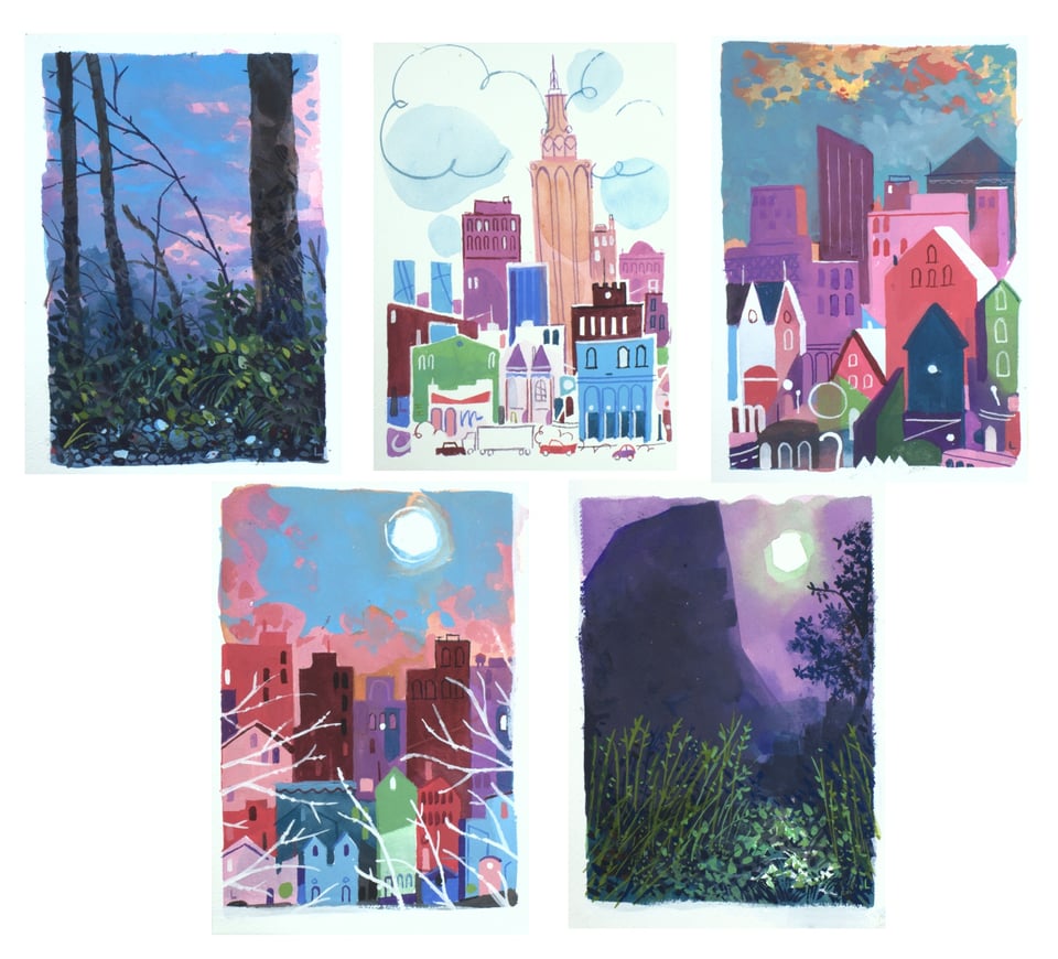 thumbnail images of five paintings, three abstract cityscapes and two landscapes
