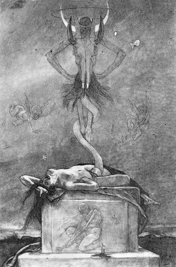 Black and white illustration with a naked woman lying on a block of stone with a figure of a skeleton woman inserting a bone into her vagina. Hovering over the lying woman there is a horned figure with the skull of a bull on its chest, and a long penis searching for the woman's vagina.
