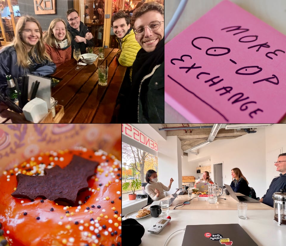 4 photos with impressions from our on-site. 1st photos shows the Village One team at dinner, 2ns shows a post it with "More co-op-exchange" written on it, 3rs shows a Halloween themed donut, the 4th image shows the Village One team sitten around a table during their on-site.