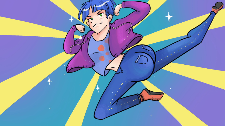 A nonbinary person (illustration) with a large butt posing confidently in front of the camera.