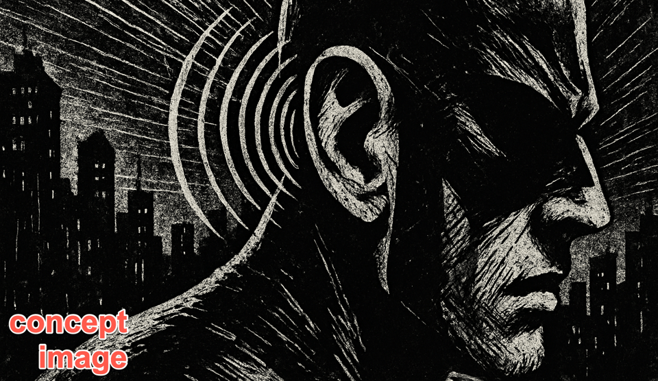 AI generated illustration of the ear of a masked superhero hearing a dark cityscape, with sound waves and sensory lines radiating from head as he perceives the world through heightened senses.