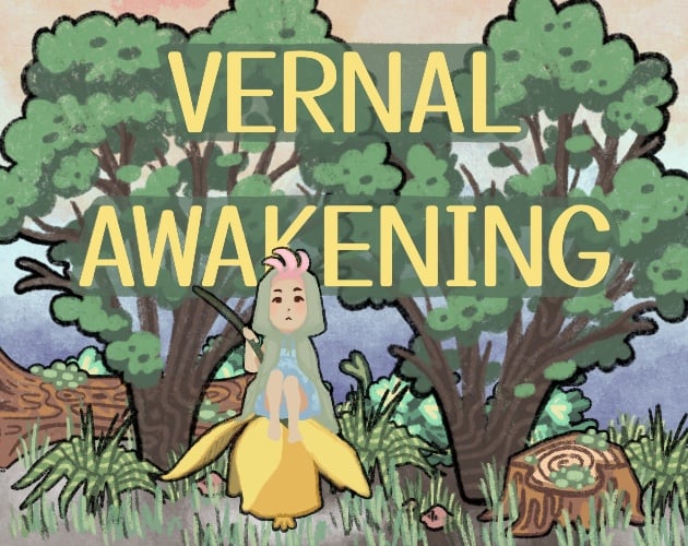 Yellow text reads "VERNAL AWAKENING". A pink haired fairy sitting on a flower is in front, with trees and various plants behind.
