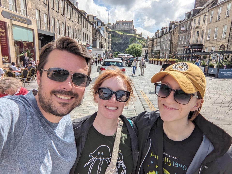 Me with writing friend, Mona West, and her partner, Drew, exploring Glasgow
