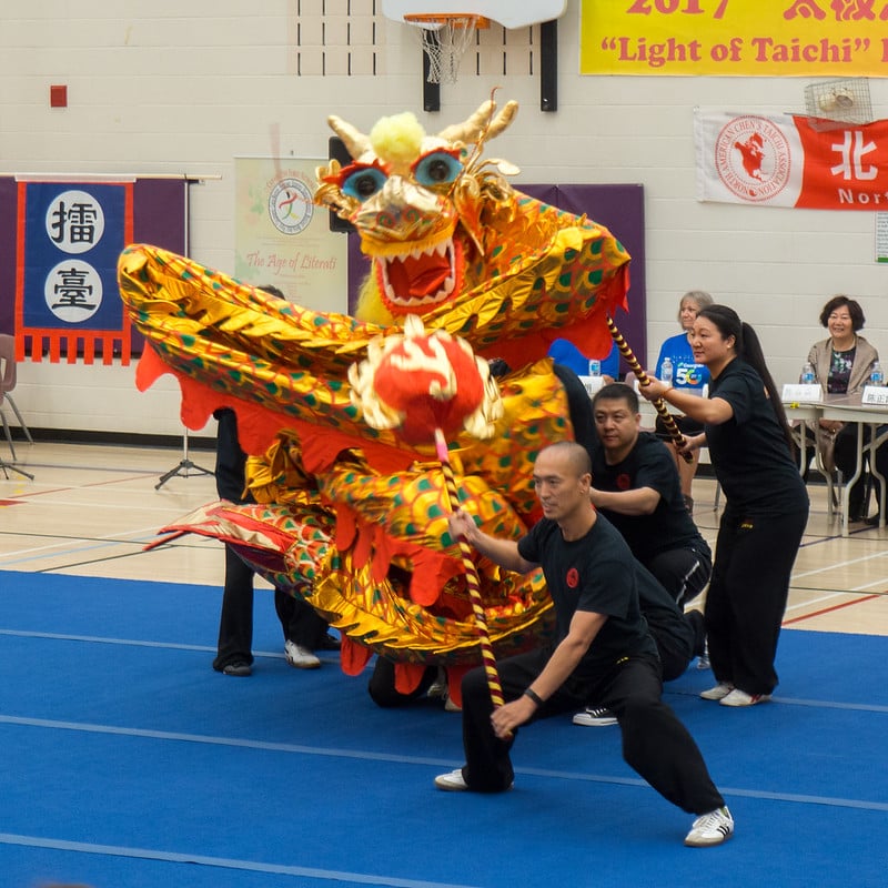 A group of at least 5 people holding a dragon puppet in formation