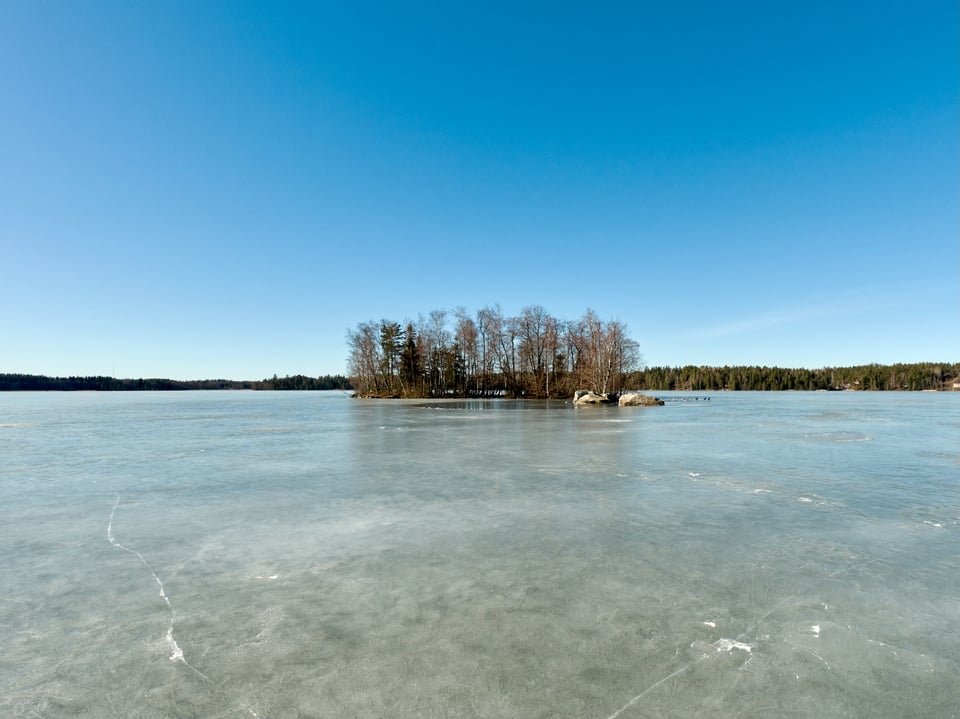 A small island with leafless trees on the frozen Lake Bodom.