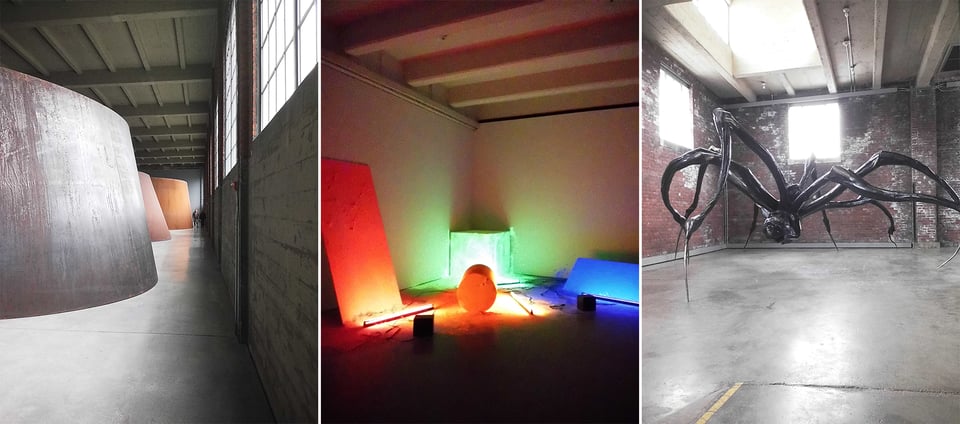 3 images: left, several of Richard Serra's Torqued Ellipses sculptures, center, a brightly colored art installation from 1970 by Keith Sonnier; right, a scary spider-sculpture by Louise Bourgeois