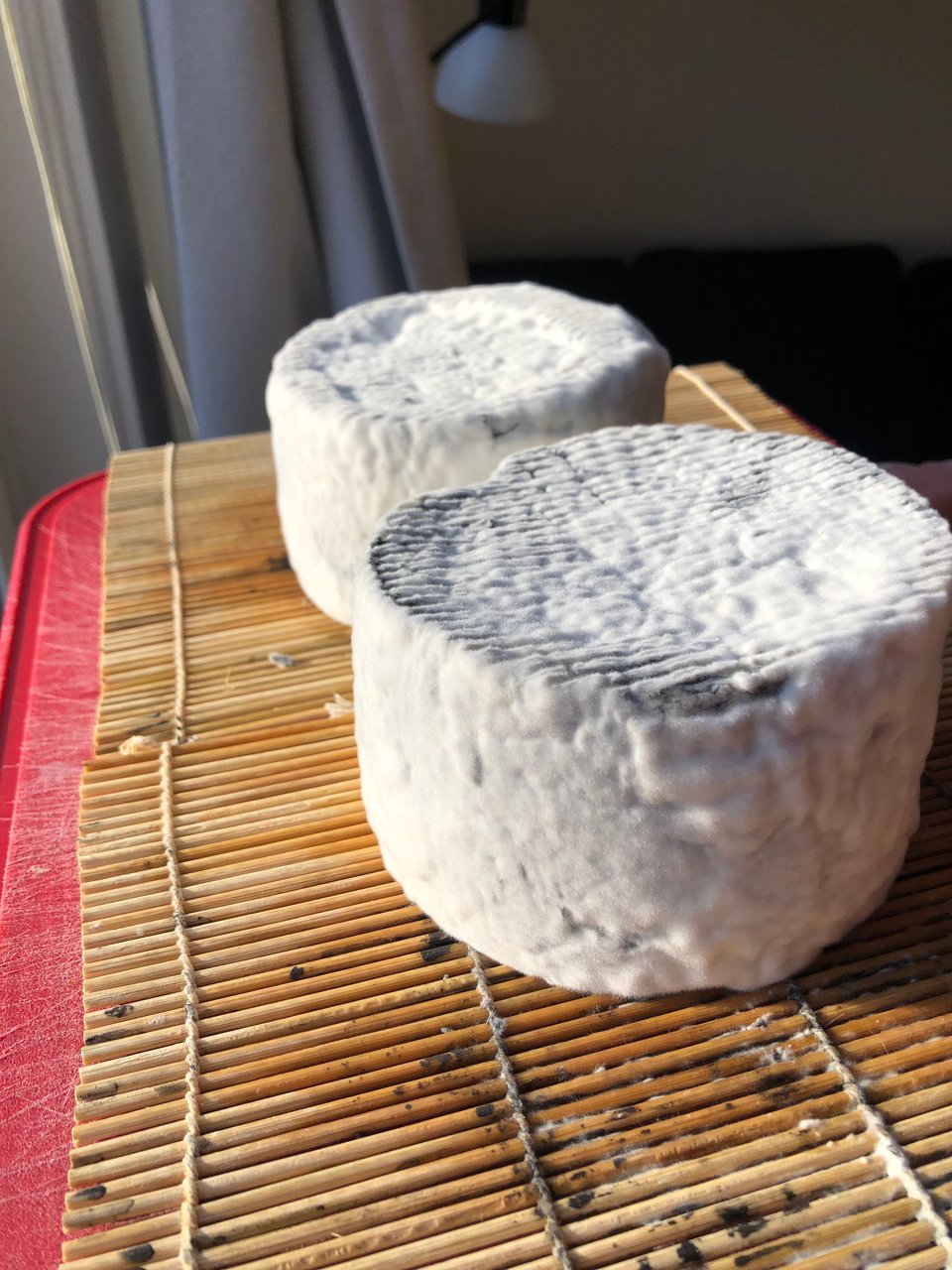 two cylindrical cheeses covered in white fuzzy mold sitting on a bamboo drainage mat on a red cutting board