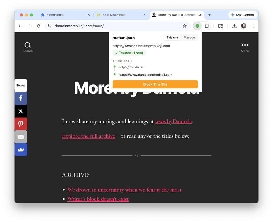 A screenshot of a desktop web browser open to a dark-themed webpage titled “More! by Damola.” There's a popup window from a browser extension, labeled “human.json,” showing the site's URL is “https://www.damolamorenikeji.com”. The site is marked as “Trusted (1 hop)” with a trust path listed and an orange “Block This Site” button.