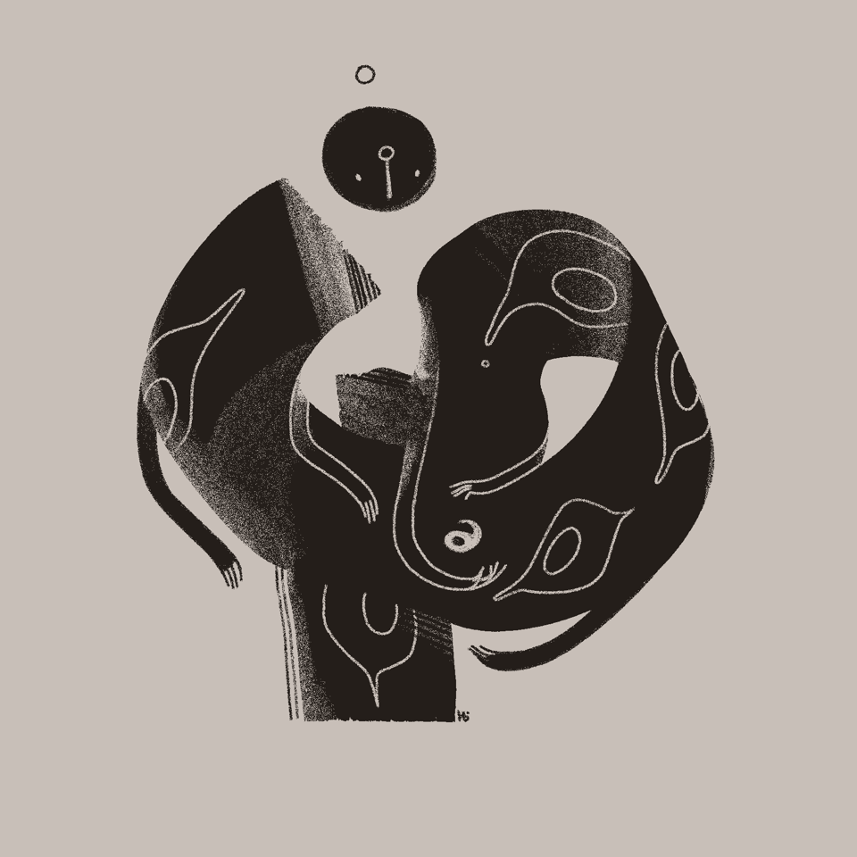 An abstract sketch featuring a ribbon-like figure covered in eyes, and hands reaching down toward an embryonic figure.